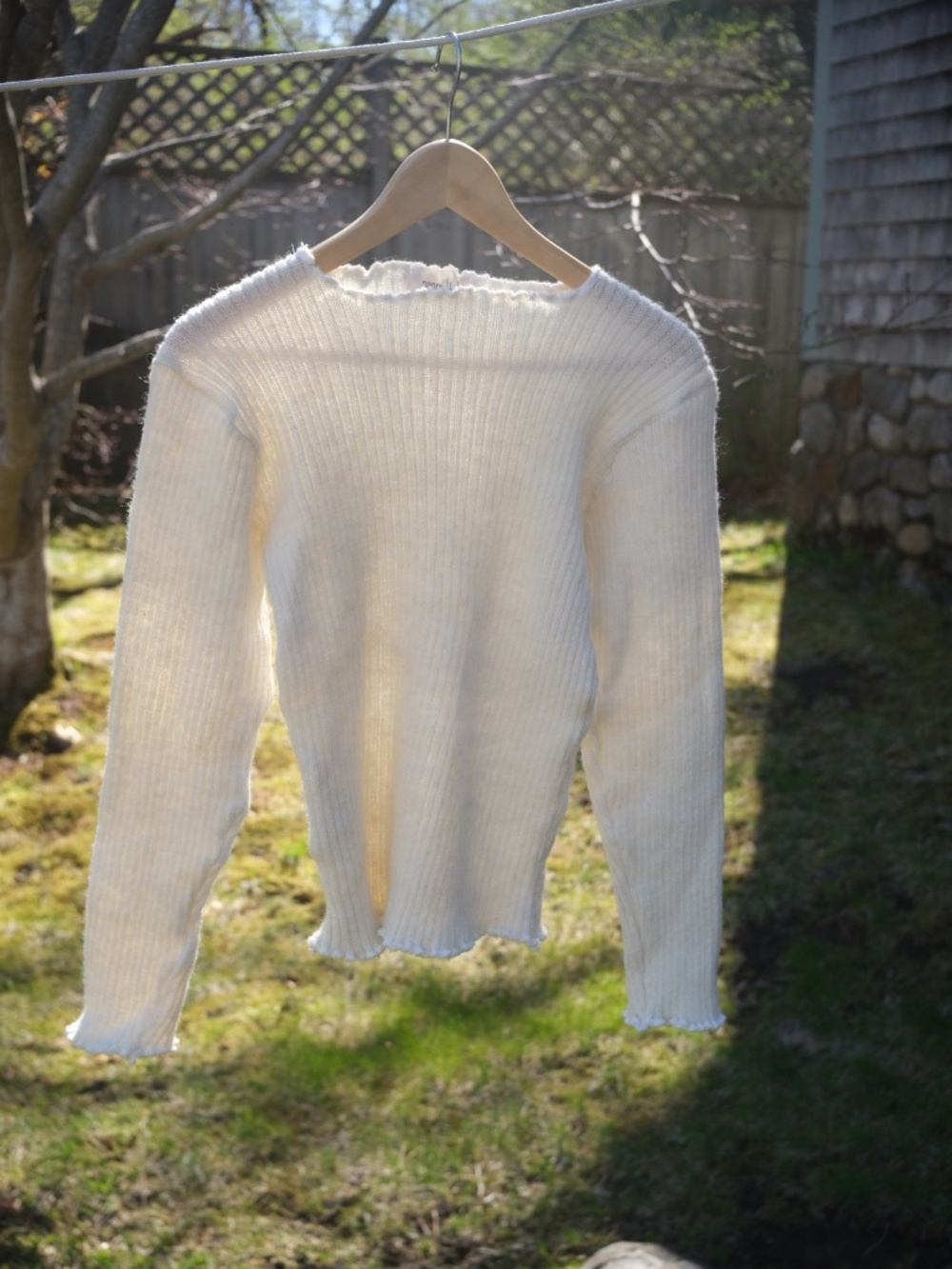 Nonna Lietta Rib Ruffle Wool Jumper Top in Natural